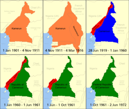 Geschiedenis van Kameroen ■ Duits Kameroen (Kamerun) ■ Brits Kameroen (Cameroons) ■ Frans Kameroen (Cameroun) ■ De moderne republiek Kameroen