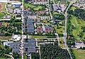 Aerial view of Campus Valla. The edges of Linköping Golf Course and Linköping Science Park is on the right.