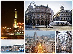 Ovanför vänster: Torre della Lanterna. Ovanför höger: Piazza de Ferrari. Nedanför vänster: San Teodoro från hamnen. Nedanför mellersta: Via Brigata Liguria. Nedanför höger: Galleria Mazzini.