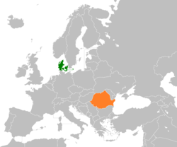 Map indicating locations of Denmark and Romania