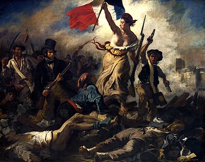 Eugène Delacroix se La Liberté guidant le peuple ("Vryheid lei die mense"), 1830, Louvre, is 'n bekende skildery oor die Franse Rewolusie.