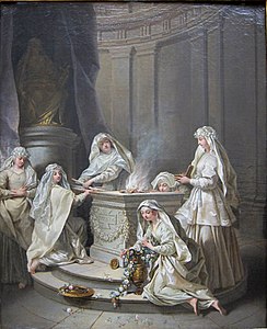 Vestalele, preotesele zeiței Vesta, îmbrăcate în alb întreținând focul sacru