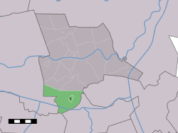 The village centre (dark green) and the statistical district (light green) of Lemele in the municipality of Ommen.