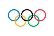 This flag of the Olympic Games, designed by Pierre de Coubertin, reminds the viewer of the minimalism of Mondrian. According to Coubertin, "This design is symbolic; it represents the five continents of the world, united by Olympism, while the six colours are those that appear on all the national flags of the world at the present time."[27]