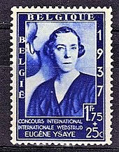 Timbre de 1 franc 75 centimes, avec surcharge de 25 centimes, portrait monochrome, en bleu, de la reine, avec la mention Concours international Internationale Wedstrijd Eugène Ysaÿe