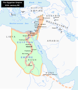 پادشاهی نوین در بزرگ‌ترین گستردگی‌اش در سده ۱۵ پیش از میلاد مسیح.