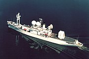 USNS Observation Island (T-AGM-23), un des navires scientifiques. Équipé d'un radar tridimensionnel à balayage électronique, Il est spécialisé dans l'observation des tests de missiles