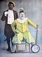 Duo de clowns Foottit et Chocolat, illustration couleur de René Vincent du sketch « L’Araignée », vers 1900.