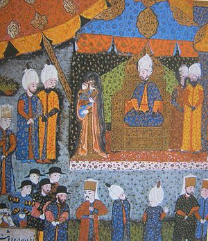 Буда, 1541 год. Сулейман I принимает вдовствующую восточно-венгерскую королеву Изабеллу и её сына Яноша. Турецкая миниатюра XVI века.