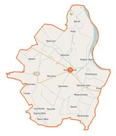 Mapa konturowa gminy Gniewoszów, na dole po prawej znajduje się punkt z opisem „Markowola”
