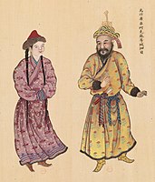 Uyghur chieftain from Wushi, Kucha and Aksu, with his wife. Huang Qing Zhigong Tu, 1769.[205]