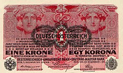 1 krone banknote, overprinted Deutschösterreich