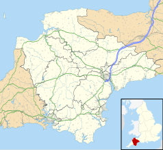 Mapa konturowa Devonu, blisko prawej krawiędzi znajduje się punkt z opisem „Raymond’s Hill”