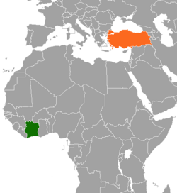 Map indicating locations of Ivory Coast and Turkey