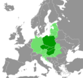 Carte : Pologne, Tchéquie, Slovaquie, Hongrie (vert foncé) ; 12 pays voisins, en tout ou partie (vert clair).