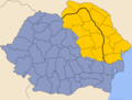 Kort over Rumænien samt det historiske Moldavien. Territorierne der tidligere tilhørte fyrstendømmet Moldavien er angivet med gult, og er i dag delt mellem Rumænien, Moldova og Ukraine. Rumæniens øvrige territorier er angivet med blåt