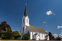 Isometric image of St. Boniface Catholic Church, Sublimity. St. Boniface Catholic Church in Sublimity was built in 1889. View is of front and left side of building.