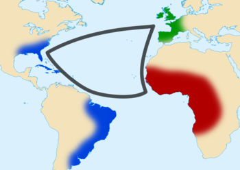 Triangula komerco: verde la kolonismaj landoj; ruĝe la regionoj de sklavkaptado; blue la kolonioj.