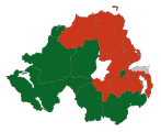 Wyniki wyborów parlamentarnych w 2017 roku w Irlandii Północnej (przed brexitem), kolorem zielonym zaznaczono jednomandatowe okręgi wyborcze, w których zwyciężyło Sinn Féin, a czerwonym – Demokratyczna Partia Unionistyczna