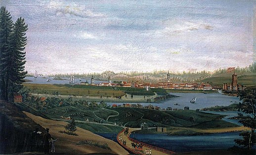 Вид на Выборг с Папулы в начале XIX века. На переднем плане Папульский мост