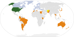 Amerika Serikat dalam warna hijau tua. Sekutu non-NATO besar dalam warna jingga. Anggota NATO lainnya dalam warna hijau muda.