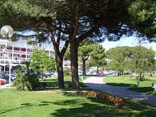 Photographie montrant des allées sablées bordées de pelouse, des massifs fleuris qui serpentent entre les pins parasols et des arbres exotiques. Au fond, les immeubles blancs et rouges du front de mer