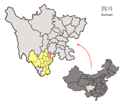 Location of Meigu County (pink) and Liangshan Prefecture (yellow) within Sichuan