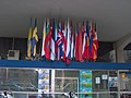 The theatre which was badly damaged during the bombing—now displaying flags of Europe for the "Joy of Europe" dancing contest