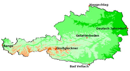 Kart over dei geografiske ytterpunkta i Austerrike