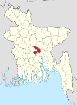 बांग्लादेश के मानचित्र पर ढाका जिले की अवस्थिति