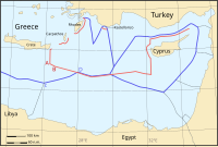 Conflicting claims to continental shelf and EEZ areas in the eastern Mediterranean. Blue: areas claimed by Greece and Cyprus based on UNCLOS; red: areas claimed by Turkey based on its own interpretation of international law.