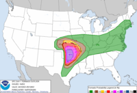 This version of the map shows a 45% probability of a tornado within 25 miles of a given point in the highest risk area, and a 10% chance of a significant tornado.