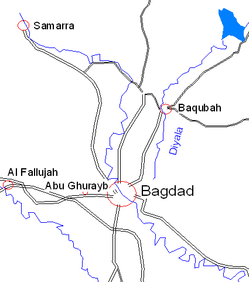 Baqubas placering i forhold til Bagdad