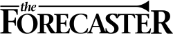 A monochrome logo of The Forcaster, with a horn extending from the left side, passing through the word "the" above the "o" in the word "Forecaster", and stopping before the "R" in the latter word, which is of the same height as the "F".
