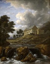 Jacob van Ruisdael, Paysage avec une église près d'un torrent (vers 1670)