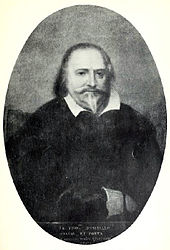 Artist's representation of a man looking straight out of the picture, with dark receding hair and pointed beard. He is wearing dark clothing with a loose white collar.