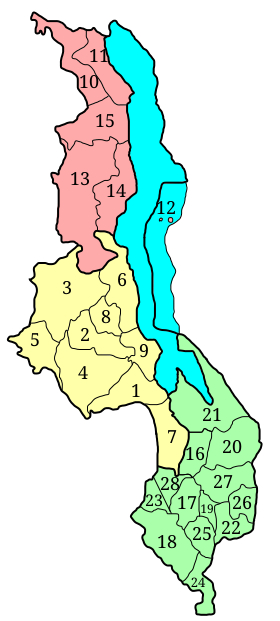 Malawis tre regioner med 28 distrikter