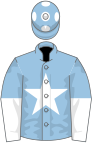 Light blue, white star, white and light blue halved sleeves, light blue cap, white spots