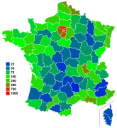 Гъстота на населението през 2008 г., по департаменти.