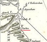 Тарки (город) на карте — Carte de la Caspienne, Johan Anton Guldenstadt, 1785 год. Отмечен маркером.