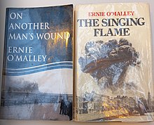 "Colour photograph of the front cover of On Another Man's Wound (l) and The Singing Flame (r) by Ernie O'Malley; the first shows a picture of buildings on fire near a bridge; the second shows a large plume of smoke above buildings on a waterfront"