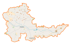 Mapa konturowa powiatu proszowickiego, blisko górnej krawiędzi nieco na lewo znajduje się punkt z opisem „Solcza”