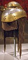 Image 2Sikh warrior helmet with butted mail neckguard, 1820–1840, iron overlaid with gold with mail neckguard of iron and brass (from Sikh Empire)