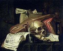 Vanitas con violín, libro, calavera y pluma (1660), de N.L. Peschier, Rijksmuseum, Ámsterdam