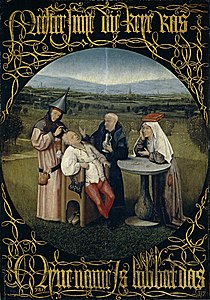 Hollandalı ressam Hieronymus Bosch'un 1475-1480 yıllarında yağlı boya ile ahşap üzerine çizdiği Deliliğin Tedavisi adlı tablo. Günümüzde Madrid'deki Prado Müzesi'nde sergilenmektedir. (Üreten: Crisco 1492)