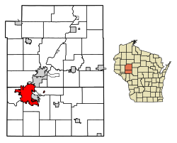 Location of Eau Claire in Eau Claire County and Chippewa County, Wisconsin.