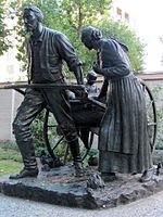 A statue commemorating Mormon handcart pioneers