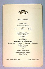 1940年，约克皇家车站酒店（英语：The Principal York）的菜单，酒店隶属于伦敦及东北铁路公司。