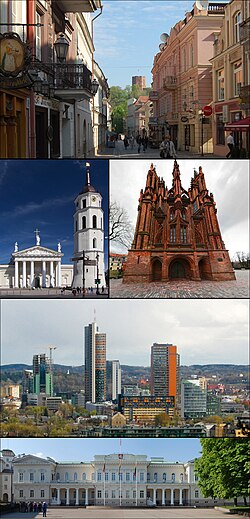 Top: Vilnius' Old Town Middle left: Vilnius Cathedral Middle right: St. Anne's Church The 3rd row: Šnipiškės The 4th row: Presidential Palace.