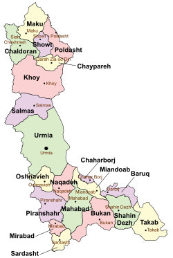 Location of Urmia County in West Azerbaijan province (center, green)